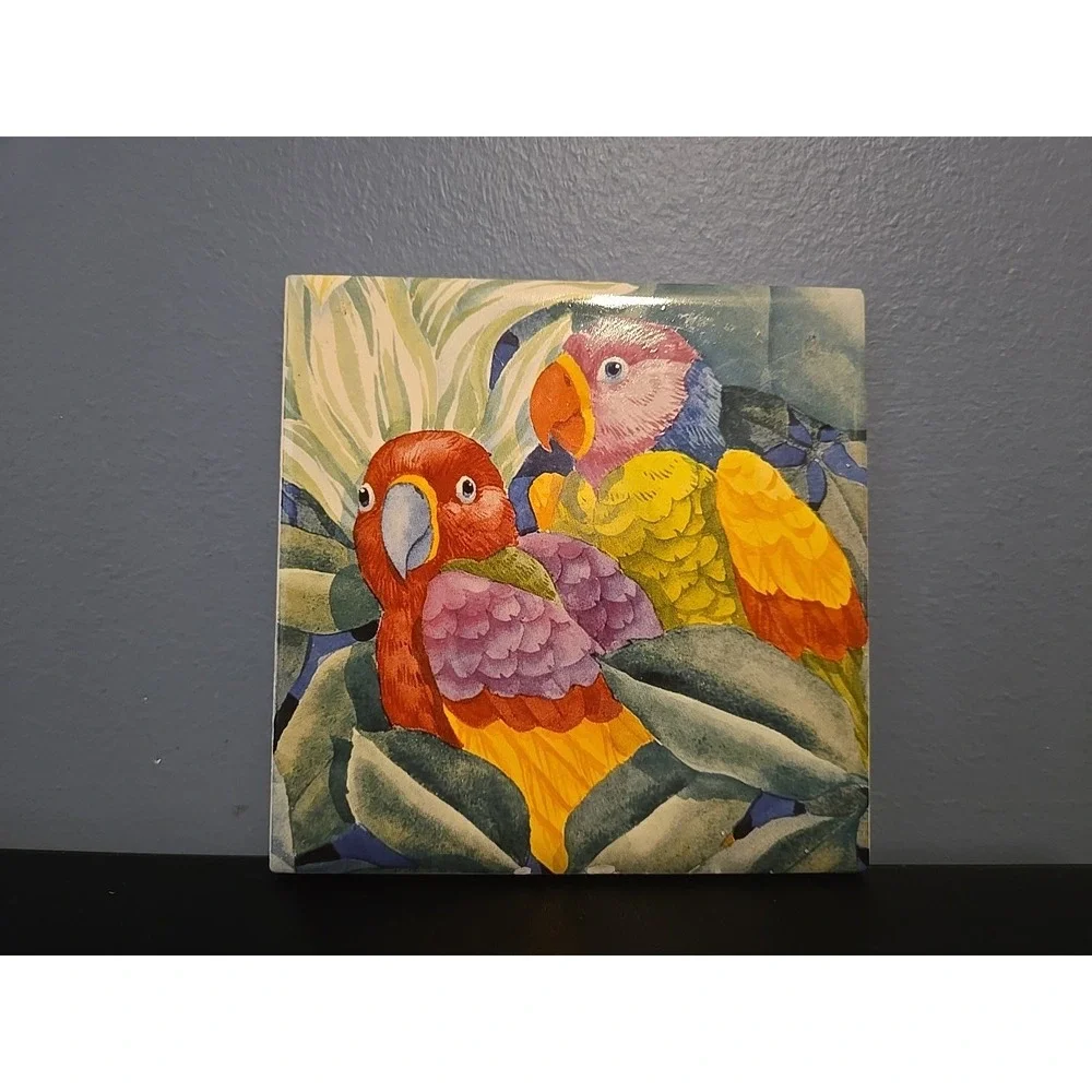 Cockatoo & Parrots Kitchen Bathroom Ceramic Trivet Coaster 4.2 Colorful Tropical